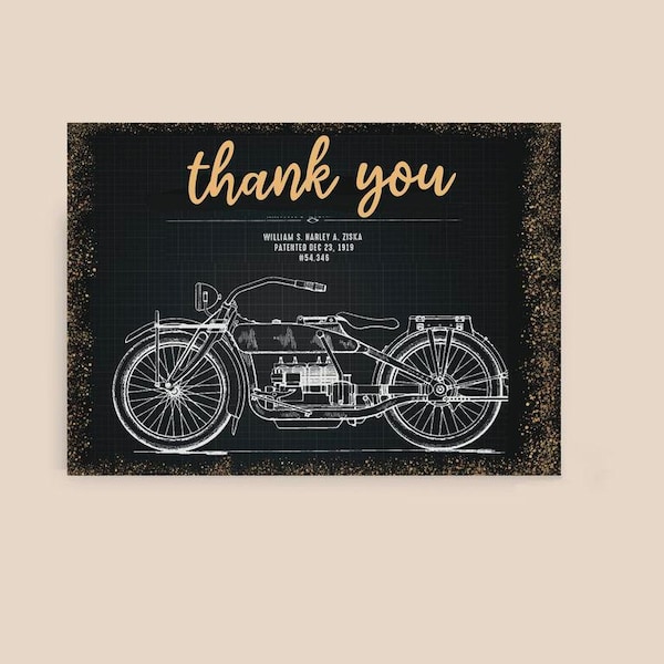 Motorcycle Thank You Card, This Patent Art Card with a Harley Davidson Bike is a Great Way to Say Thank You