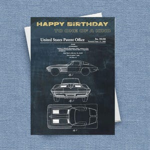 Carte d'anniversaire Corvette, personnalisez cette carte de voiture classique imprimée brevet, elle est parfaite pour les amateurs de papa, mari, grand-père et de Corvette