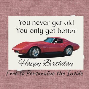 Carte d'anniversaire Corvette, drôle de carte de voiture vintage ou classique, à personnaliser gratuitement à l'intérieur