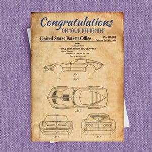 Carte de retraite Corvette, cette impression de brevet est un excellent moyen de féliciter un père, un patron, un collègue ou un ami