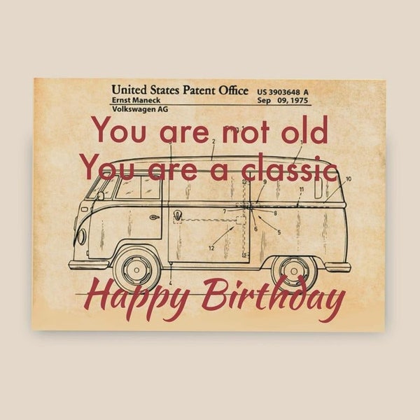 VW Bus Birthday Card, Patent Print, Vintage or Classic Car Card - a great retro card for 60th, 70th or any birthday