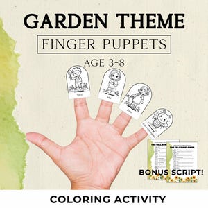 Könnte beinhalten: Malaktivität mit Fingerpuppen zum Thema Garten für Kinder von 3-8 Jahren. Das Set enthält vier schwarz-weiße Papierpuppen mit den Figuren Toby, Mia, Zoey und Busy Honeybee sowie ein Bonus-Skript mit dem Titel The Tall Sunflower.