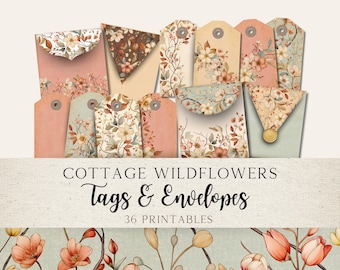 Printable Junk Journal Tags & Mini Envelopes | Cottage Wildflower Ephemera Set | Vintage Floral Digital Kit for  Scrapbooking  | CWJJ01