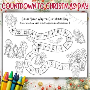 Puede incluir: Página para colorear con temática navideña en blanco y negro con el texto "Countdown to Christmas Day". La página presenta un camino con casillas numeradas, casa de jengibre, caramelos y personajes de dibujos animados. También está presente el texto "Color Your Way to Christmas Day".