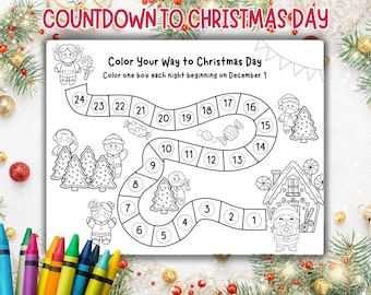 Color Your Way to Christmas Day | Countdown Gameboard PDF | Gingerbread Man coloring advent coloring calendar