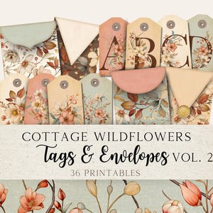 Printable Junk Journal Tags & Mini Envelopes, Cottage Wildflower Ephemera Set, Alphabet Tags, Floral Digital Kit for Scrapbooking, CWJJ01