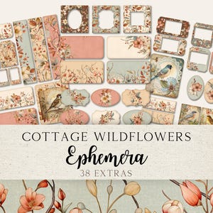 Kit de objetos efêmeros de flores silvestres | Etiquetas, molduras e cartões vintage para impressão | Diário de sucata para impressão | Imprimíveis de pássaros vintage | CWJJ01