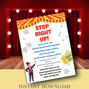 May include: A colorful invitation for a preschool program, featuring the text "Step Right Up!" and a cartoon illustration of a magician. The design includes stars, a ticket, and the words "Instant Download."