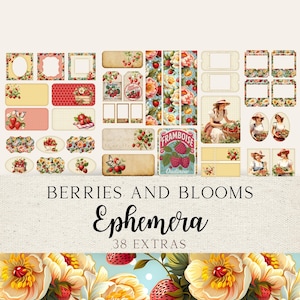 Kit de efímeras para diario basura / Etiquetas, marcos y tarjetas vintage imprimibles de bayas y flores / Imprimible para diario basura / BBJJ01