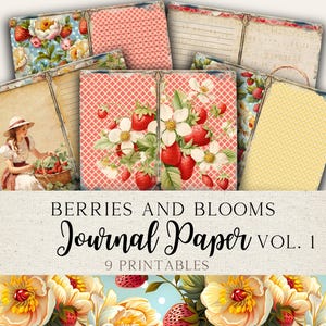 Pages de journal indésirable floral fraise | Papier imprimable Baies et fleurs | Journal de jardin | Papier imprimable d'été | | BBJJ01