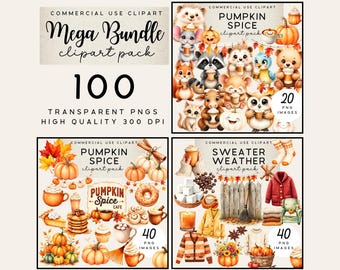 Herbst Clipart Mega Bundle | 100 gemütliche Herbst PNG-Bilder | Kürbisse, Kaffee, Lebensmittel, Tiere & mehr | Kommerzielle Nutzung | PSJJ01
