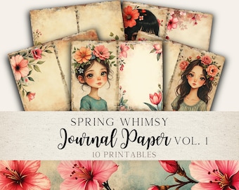 Whimsical Spring Girls Junk Journal Paper | Junk Journal Printable Pages | Vintage Girl and flowers | Instant Download | SWJJ01