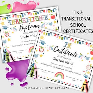 Transitional K and TK diploma template, PRINTABLE TK certificate, Canva template