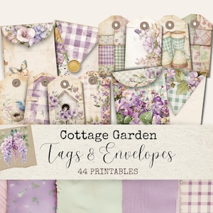 Kit de journal indésirable Cottage Garden - étiquettes florales vintage et mini enveloppes, documents éphémères imprimables, fournitures de scrapbooking numérique, travaux manuels