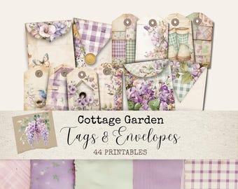 Cottage Garden Junk Journal Kit - Vintage Floral Tags & Mini Envelopes, Printable Ephemera, Digital Scrapbook Supplies, Crafting