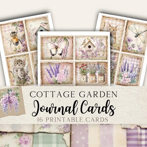 May include: A set of 16 printable journal cards featuring cottage garden themed illustrations. The cards feature images of lavender, butterflies, birds, a cat, a bee, and a dragonfly. The cards are designed in a vintage style with a distressed background.