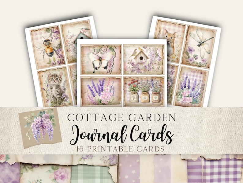 May include: A set of 16 printable journal cards featuring cottage garden themed illustrations. The cards feature images of lavender, butterflies, birds, a cat, a bee, and a dragonfly. The cards are designed in a vintage style with a distressed background.