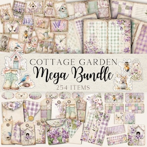 May include: A digital collage sheet with 254 items featuring a cottage garden theme. The sheet includes images of flowers, birds, houses, and other garden elements in a soft purple and green color scheme. The text "Cottage Garden Mega Bundle" is displayed at the top of the sheet.