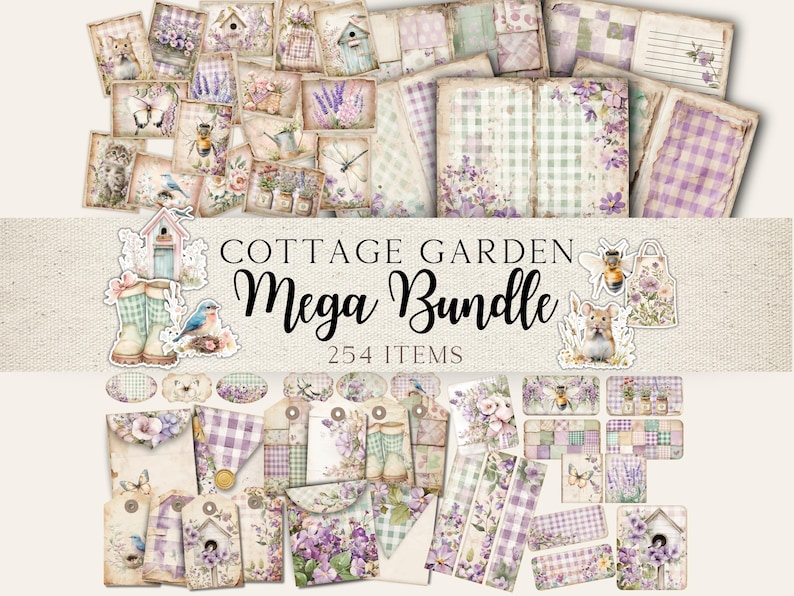 May include: A digital collage sheet with 254 items featuring a cottage garden theme. The sheet includes images of flowers, birds, houses, and other garden elements in a soft purple and green color scheme. The text "Cottage Garden Mega Bundle" is displayed at the top of the sheet.