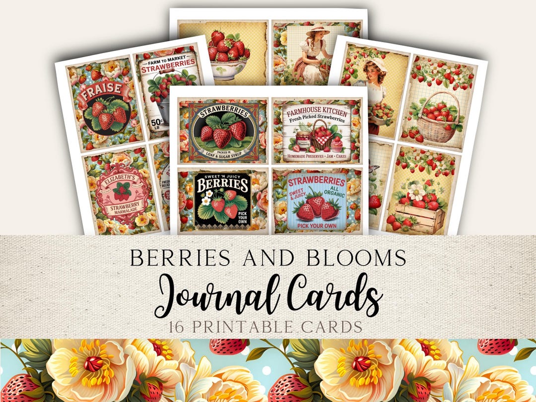 Junk Journal Printable Cards | Strawberries and Flower Ephemera ...
