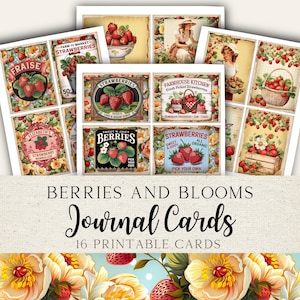 Junk Journal druckbare Karten | Erdbeeren und Blumen Ephemera | Vintage Werbung Printables | Sofortdownload | BBJJ01