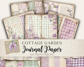 Cottage Garden--Junk Journal Pages, 20 Printable Digital Papers, Vintage Purple Floral & Gingham, Journal or Scrapbook Kit, Instant Download