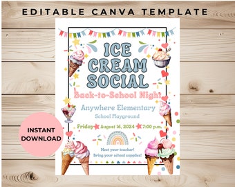Volante social de helados / Recaudación de fondos con helados / Plantilla de Canva / Fiesta de helados / Recaudación de fondos con helados / Plantilla de invitación a helados