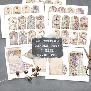 May include: Set of 40 printable cottage garden tags and 4 mini envelopes. The tags feature a variety of floral designs, including a birdhouse, a dragonfly, and a bee. The envelopes are decorated with a floral pattern and a gingham check.