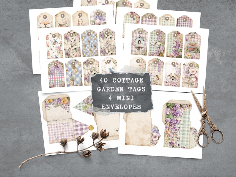 May include: Set of 40 printable cottage garden tags and 4 mini envelopes. The tags feature a variety of floral designs, including a birdhouse, a dragonfly, and a bee. The envelopes are decorated with a floral pattern and a gingham check.