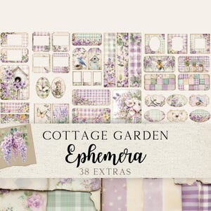 May include: A set of 38 cottage garden ephemera featuring a variety of images, including a birdhouse, flowers, and a bee. The ephemera is printed on white paper with a light pink and green color scheme. The ephemera is perfect for scrapbooking, card making, and other crafting projects.