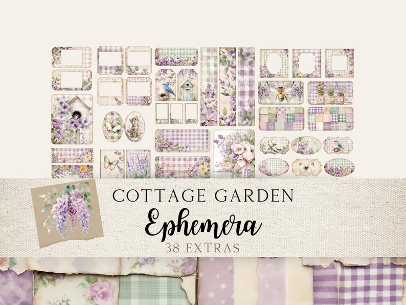 May include: A set of 38 cottage garden ephemera featuring a variety of images, including a birdhouse, flowers, and a bee. The ephemera is printed on white paper with a light pink and green color scheme. The ephemera is perfect for scrapbooking, card making, and other crafting projects.