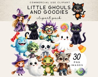 Pacchetto clipart di piccoli ghoul e dolcetti / 30 PNG trasparenti di Halloween Dolcetto o scherzetto, fantasmi carini, streghe, gatti, caramelle