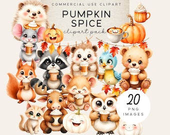 Clipart di animali autunnali con spezie di zucca / PNG carini di caffè autunnale / Download digitale per uso commerciale / PSJJ01