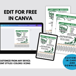 Puede incluir: Una plantilla de folleto personalizable para un servicio de cuidado de c&eacute;sped en Canva. El folleto presenta un gr&aacute;fico de cortac&eacute;sped verde, el texto "Tyler's Lawn Service" y una lista de los servicios ofrecidos. El folleto est&aacute; dise&ntilde;ado para ser editado y descargado de forma gratuita.