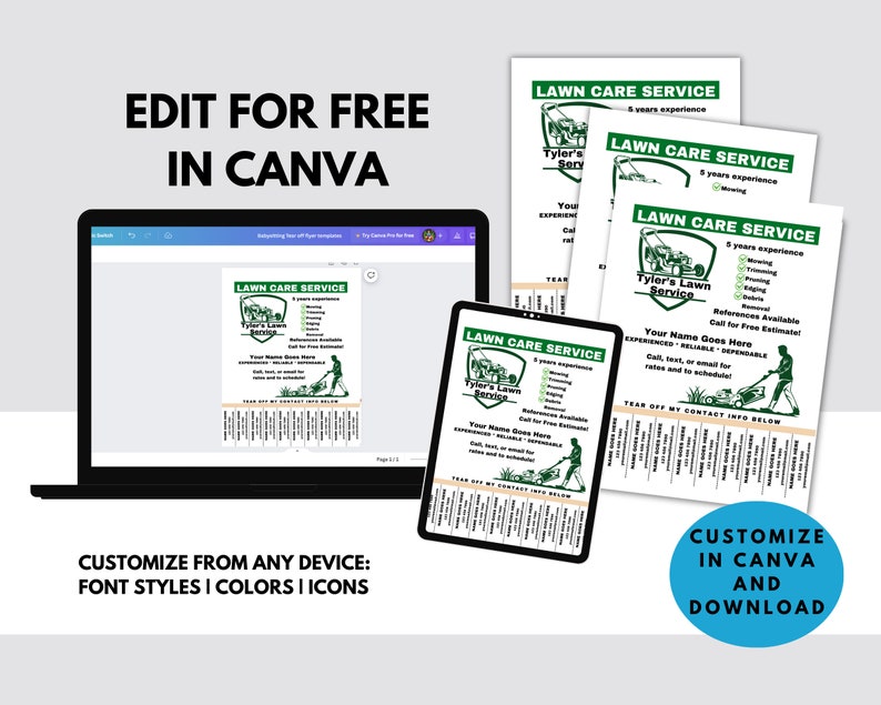 Puede incluir: Una plantilla de folleto personalizable para un servicio de cuidado de c&eacute;sped en Canva. El folleto presenta un gr&aacute;fico de cortac&eacute;sped verde, el texto "Tyler's Lawn Service" y una lista de los servicios ofrecidos. El folleto est&aacute; dise&ntilde;ado para ser editado y descargado de forma gratuita.