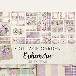 May include: A set of 38 cottage garden themed ephemera, including labels, tags, and decorative elements. The ephemera features a purple and white color scheme with floral and gingham patterns.