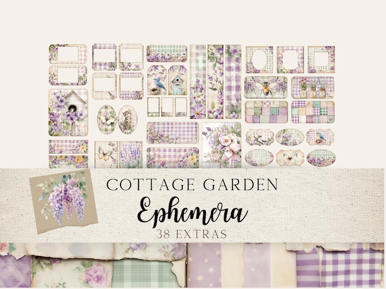 May include: A set of 38 cottage garden themed ephemera, including labels, tags, and decorative elements. The ephemera features a purple and white color scheme with floral and gingham patterns.