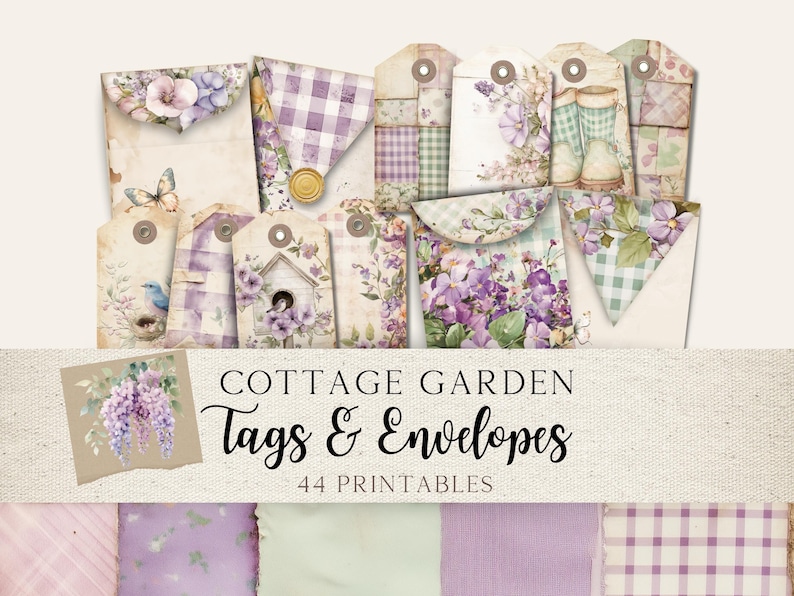 May include: A set of 44 printable cottage garden themed tags and envelopes. The tags and envelopes feature a variety of floral designs, including lavender, roses, and butterflies. The designs are in shades of purple, pink, and green. The text "Cottage Garden Tags & Envelopes" is printed on the top of the image.