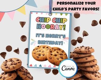 Bewerkbaar cadeaulabel voor koekjes, feestbedankje Canva-sjabloon, traktatielabel schoolverjaardag, Chip Chip Hoera