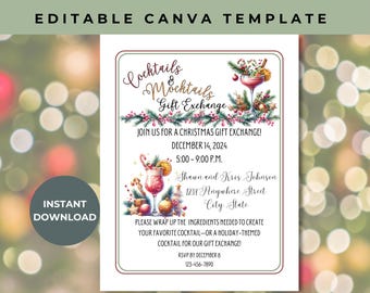 Editable Christmas Cocktail Party Invite | Gift Exchange & Mixer | Canva Template | Holiday Cocktail Invite | Customizable Gift Exchange