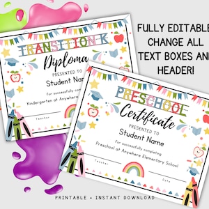 Preschool Kindergarten diploma template, FULLY EDITABLE certificate template, PRINTABLE school certificate, Canva diploma template