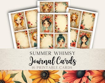 May include: Printable journal cards featuring watercolor illustrations of girls with floral crowns and borders. The cards have a vintage aesthetic with a beige background and the text "SUMMER WHIMSY Journal Cards 16 PRINTABLE CARDS".