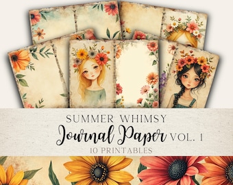 May include: A collection of ten printable journal papers with a vintage aesthetic. Each paper features floral designs and illustrations of girls with flower crowns. The text "Summer Whimsy Journal Paper Vol. 1" is displayed.