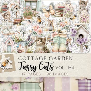 May include: A digital paper pack with 17 pages and 98 images featuring cottage garden themed illustrations. The illustrations include cats, birds, flowers, butterflies, boots, and other whimsical elements. The title of the pack is "Cottage Garden Fussy Cuts Vol. 1-4".