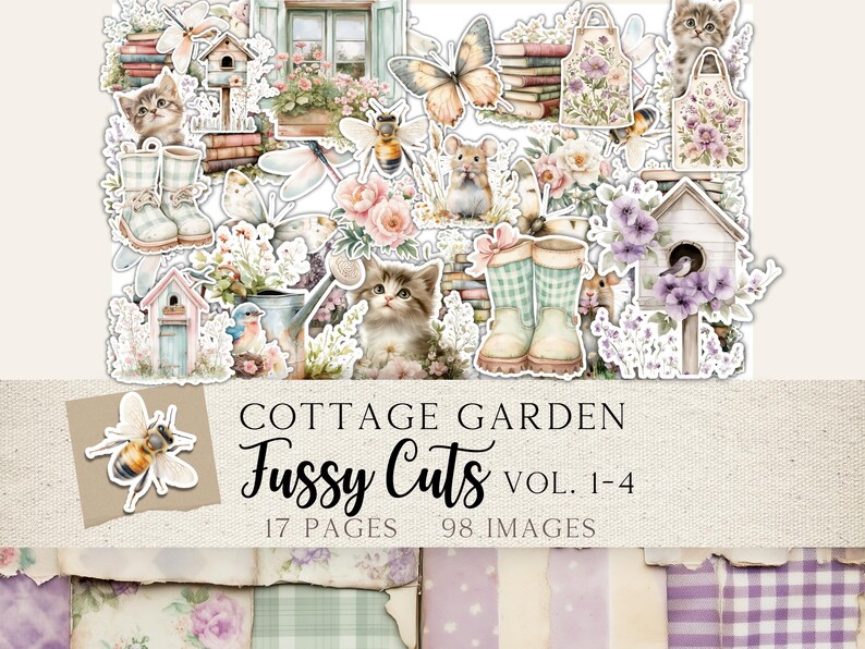 May include: A digital paper pack with 17 pages and 98 images featuring cottage garden themed illustrations. The illustrations include cats, birds, flowers, butterflies, boots, and other whimsical elements. The title of the pack is "Cottage Garden Fussy Cuts Vol. 1-4".