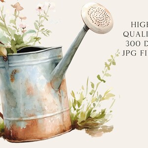 May include: A watercolor painting of a rusty blue watering can with a spout and a handle. The watering can is surrounded by green and white flowers.