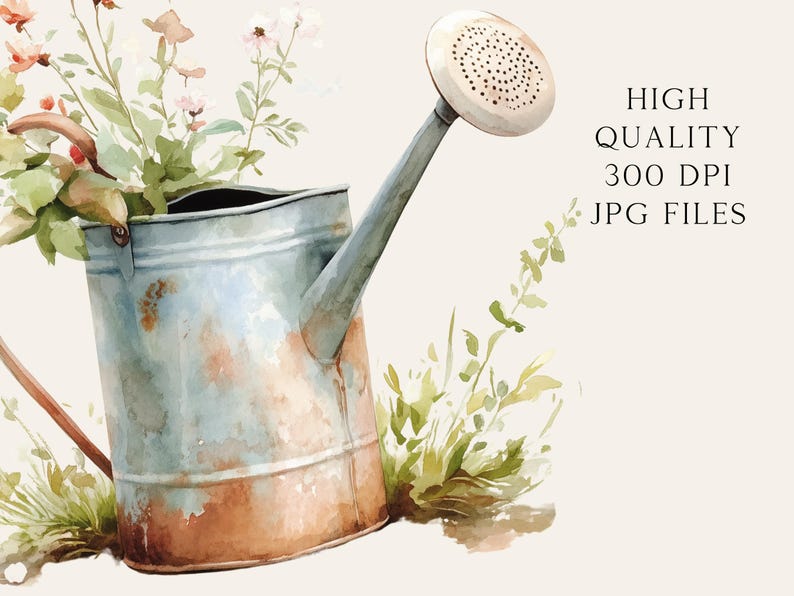 May include: A watercolor painting of a rusty blue watering can with a spout and a handle. The watering can is surrounded by green and white flowers.