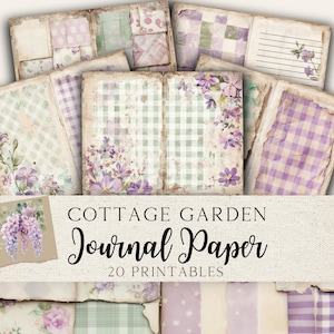 May include: A set of 20 printable digital papers featuring a cottage garden theme. The papers have a vintage aesthetic with gingham patterns, floral designs, and a soft color palette of purple, green, and white.