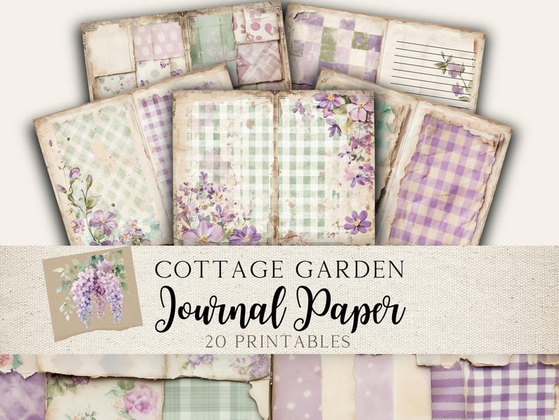 May include: A set of 20 printable digital papers featuring a cottage garden theme. The papers have a vintage aesthetic with gingham patterns, floral designs, and a soft color palette of purple, green, and white.