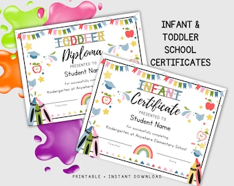 Infant & Toddler diploma template, PRINTABLE school certificate, Canva template
